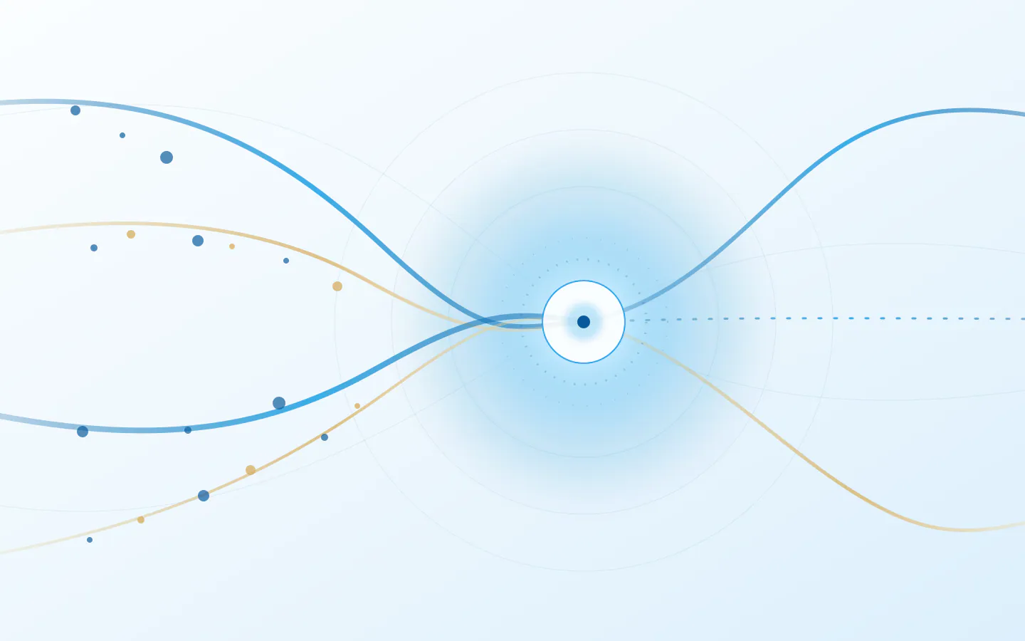Plusieurs lignes bleues et dorées convergent vers un point lumineux puis poursuivent leur chemin