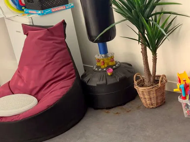 Pouf framboise, sac de frappe et plante dans le coin enfants